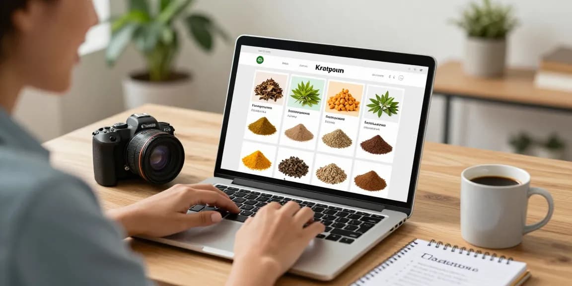Shop kratom powder online in a cozy home office with colorful strains on the laptop screen.