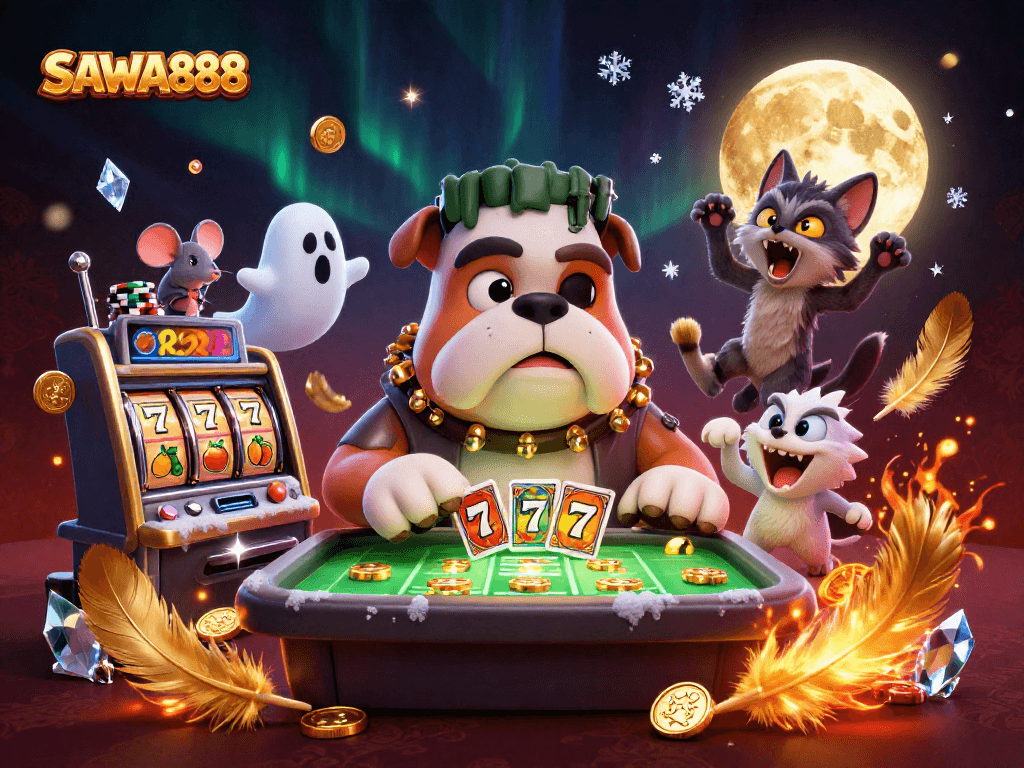 SAWA888 showcases a vibrant scene of slot machine excitement with a unique Frankenstein bulldog dealer and whimsical characters.