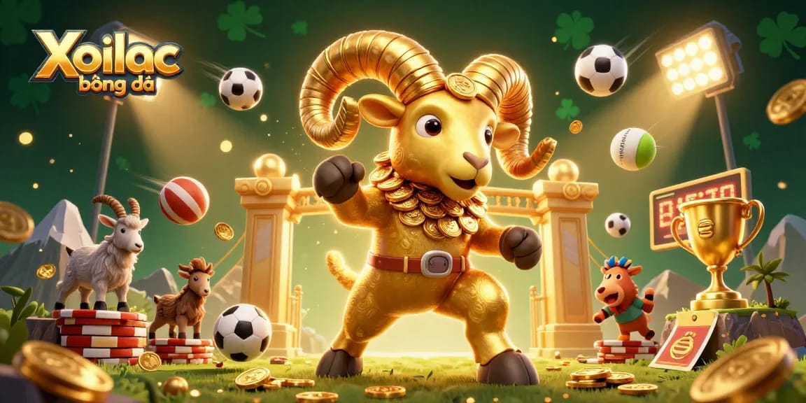 Xoilac bóng đá sports betting action scene featuring dynamic sports balls, golden ram, and adrenaline-filled visuals.