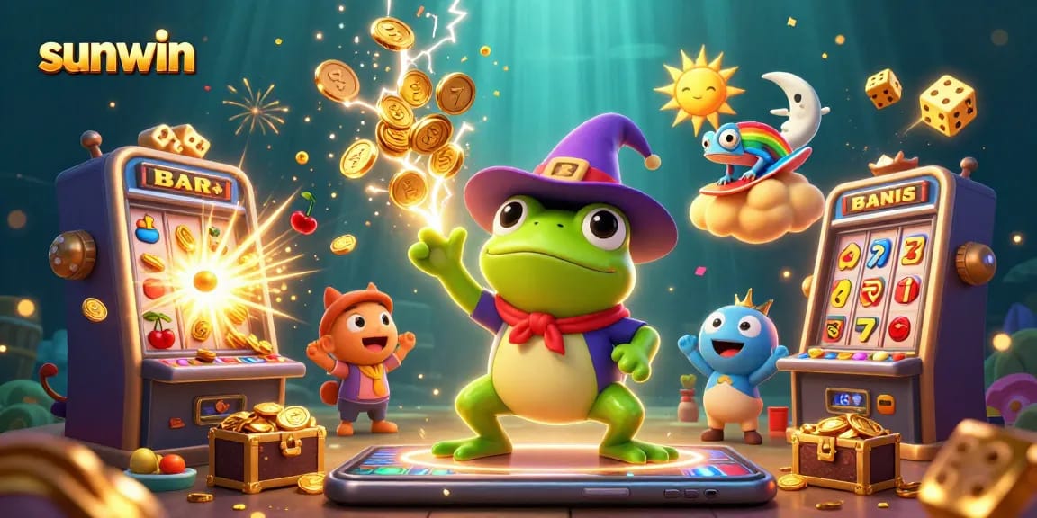 Experience dynamic fun with sunwin as the wizard frog conjures wealth in vibrant 3D casino illustration.