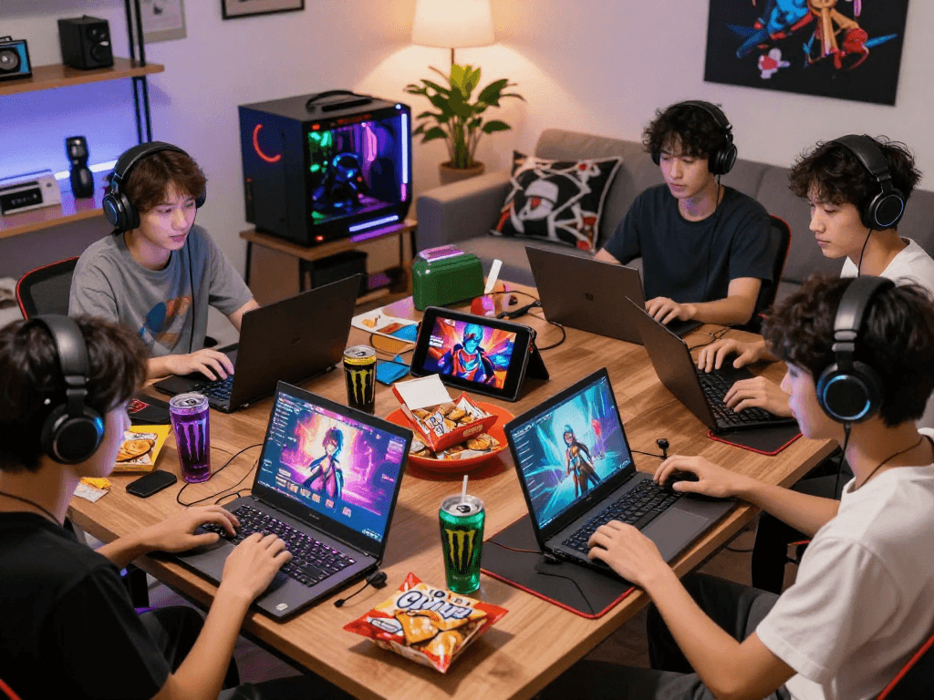 Dynamic gaming moment with players enjoying hentai games in a vibrant setting.