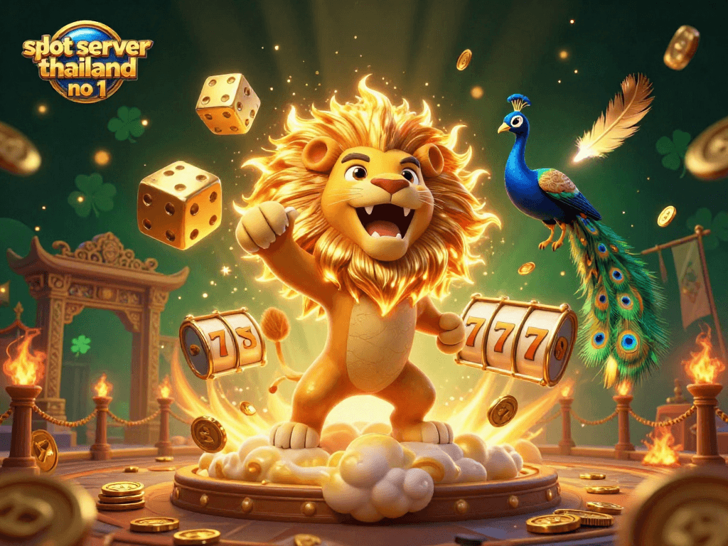 Engage with slot server thailand no 1, a colorful casino scene featuring a lion, golden dice, and vibrant game elements.