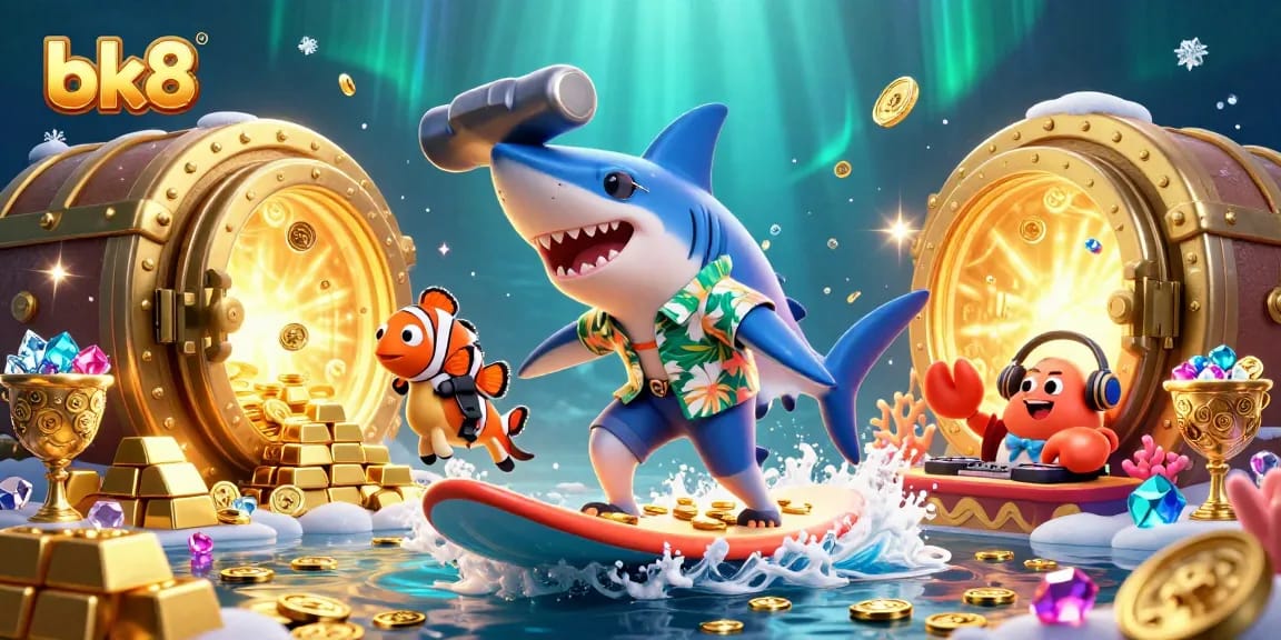 Experience big wins with bk8's vibrant underwater 3D casino characters amidst gold coins and treasure!