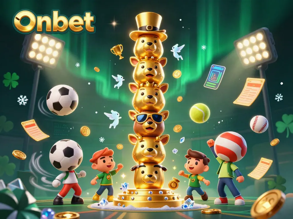 Onbet's animated totem pole surrounded by dynamic sports elements, showcasing the excitement of betting action.