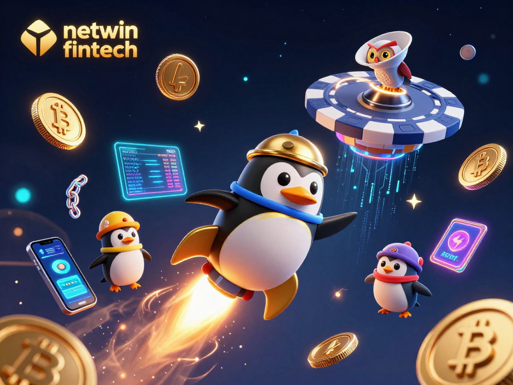 Engage with netwin fintech as a golden penguin flies towards a casino space station in a dynamic 3D scene.