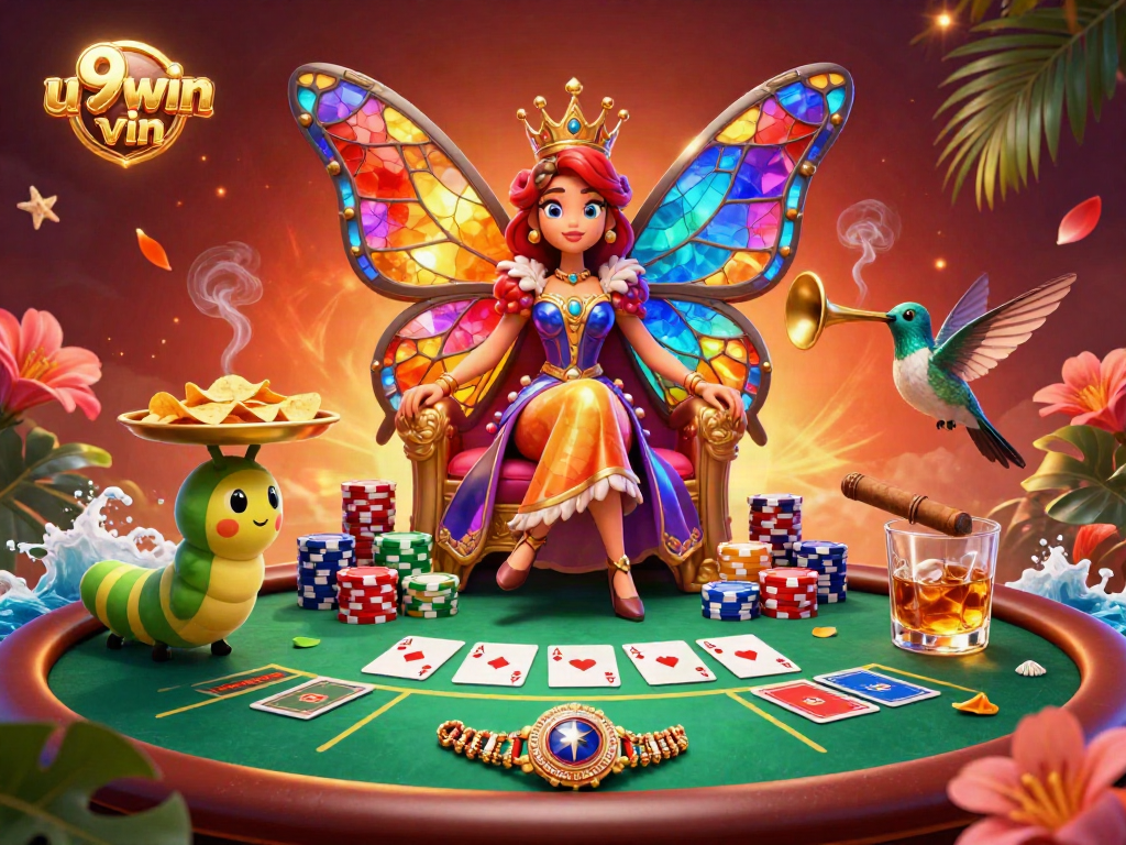 Engage with exciting poker action at u9win vin featuring a vibrant game scene with a butterfly queen.