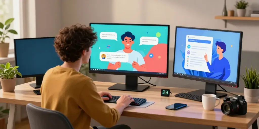 AI chat porn interaction with a lifelike character on a sleek laptop in a cozy digital workspace.