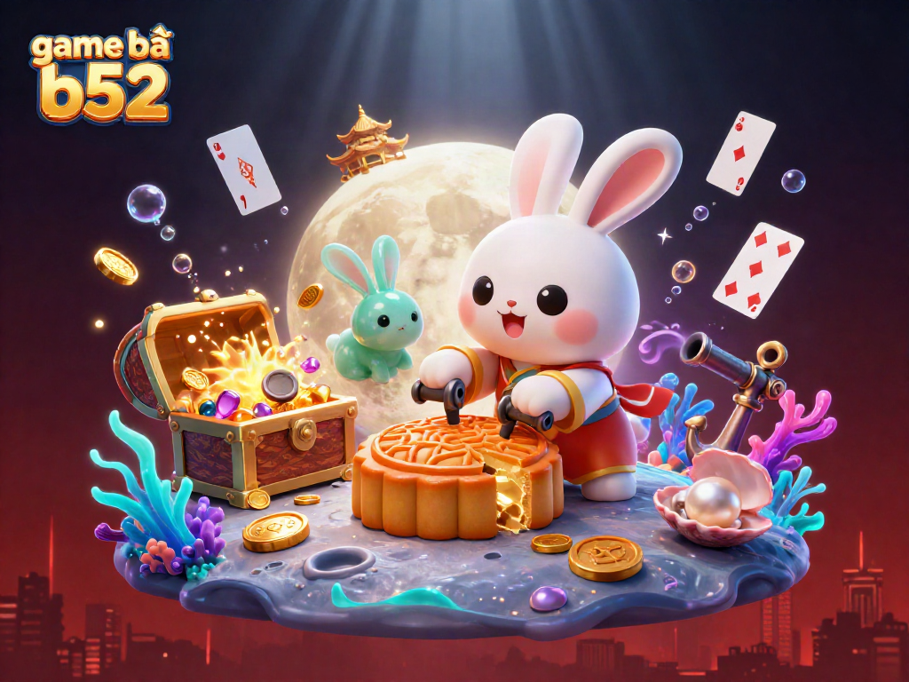 Experience game bài b52 with vibrant 3D illustration of a moon rabbit and casino elements.