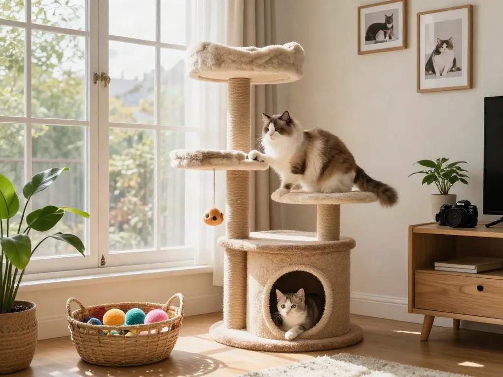 Playful cat on a cat tree with sunlight streaming in, creating a warm atmosphere.