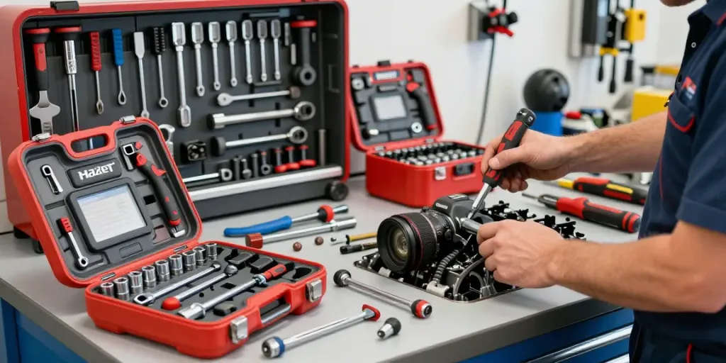 Mechanic using Hazet tools to repair an engine in a professional workshop.