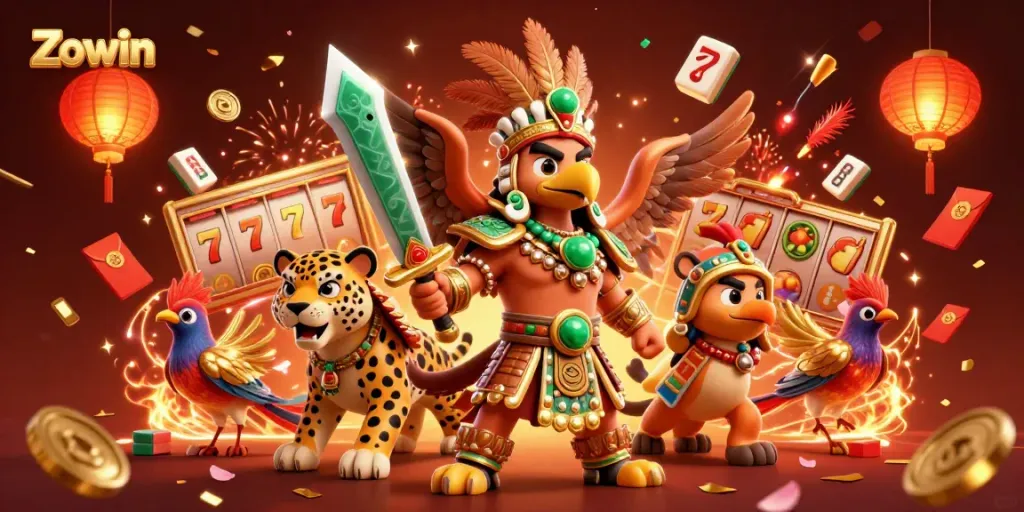 Immerse in Zowin's vibrant gaming world with a dynamic illustration featuring slot reels and Aztec warriors.