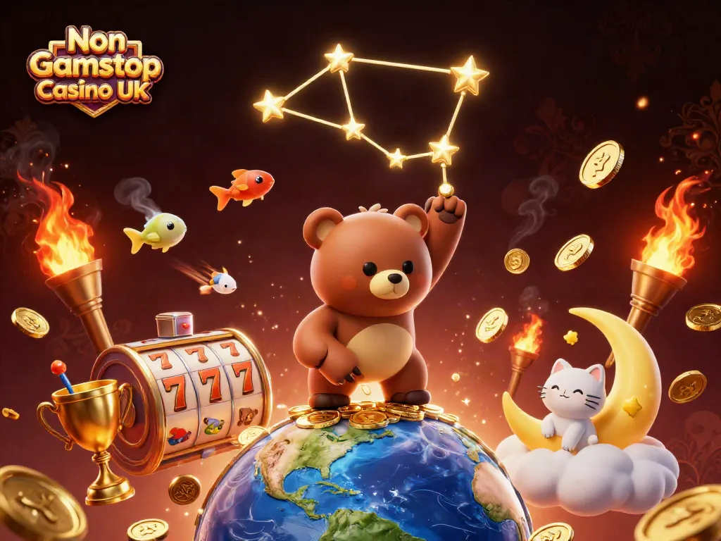 Experience the excitement of Non Gamstop Casino UK with golden coins, slots, and vibrant creatures.