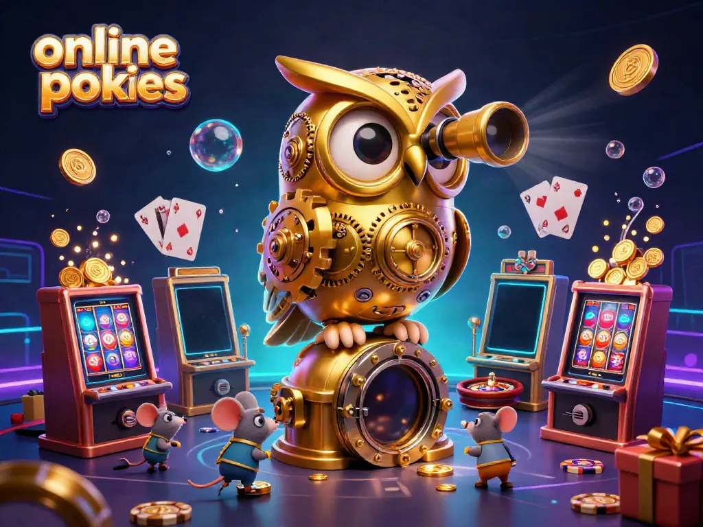 Experience the excitement of online pokies with charming cartoon characters amid buzzing casino elements.