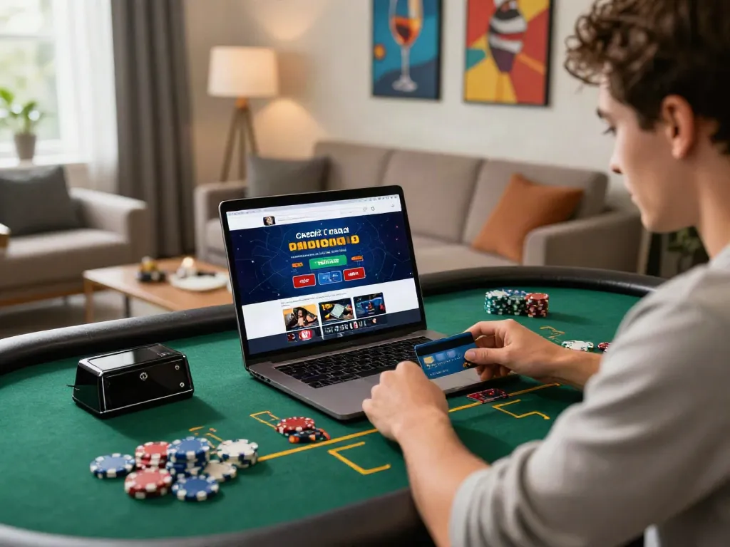 Player using credit card at best casinos for credit cards in a vibrant home setting