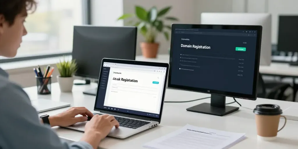 Register .co.uk domain name with a professional in a modern office setting.