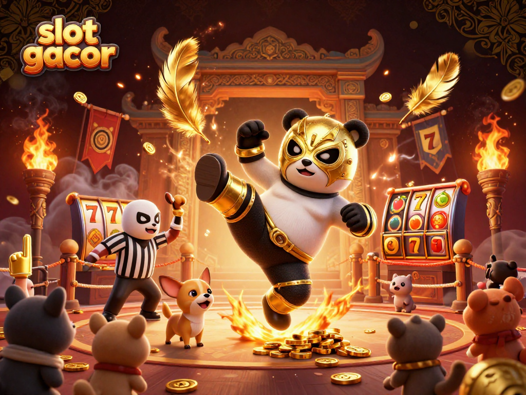 Experience the excitement of slot gacor with a dynamic illustration featuring a wrestling panda.