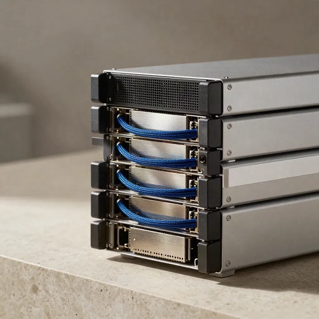 Modular server hardware and cables on pale stone in soft dawn mist, left side clear for copy.