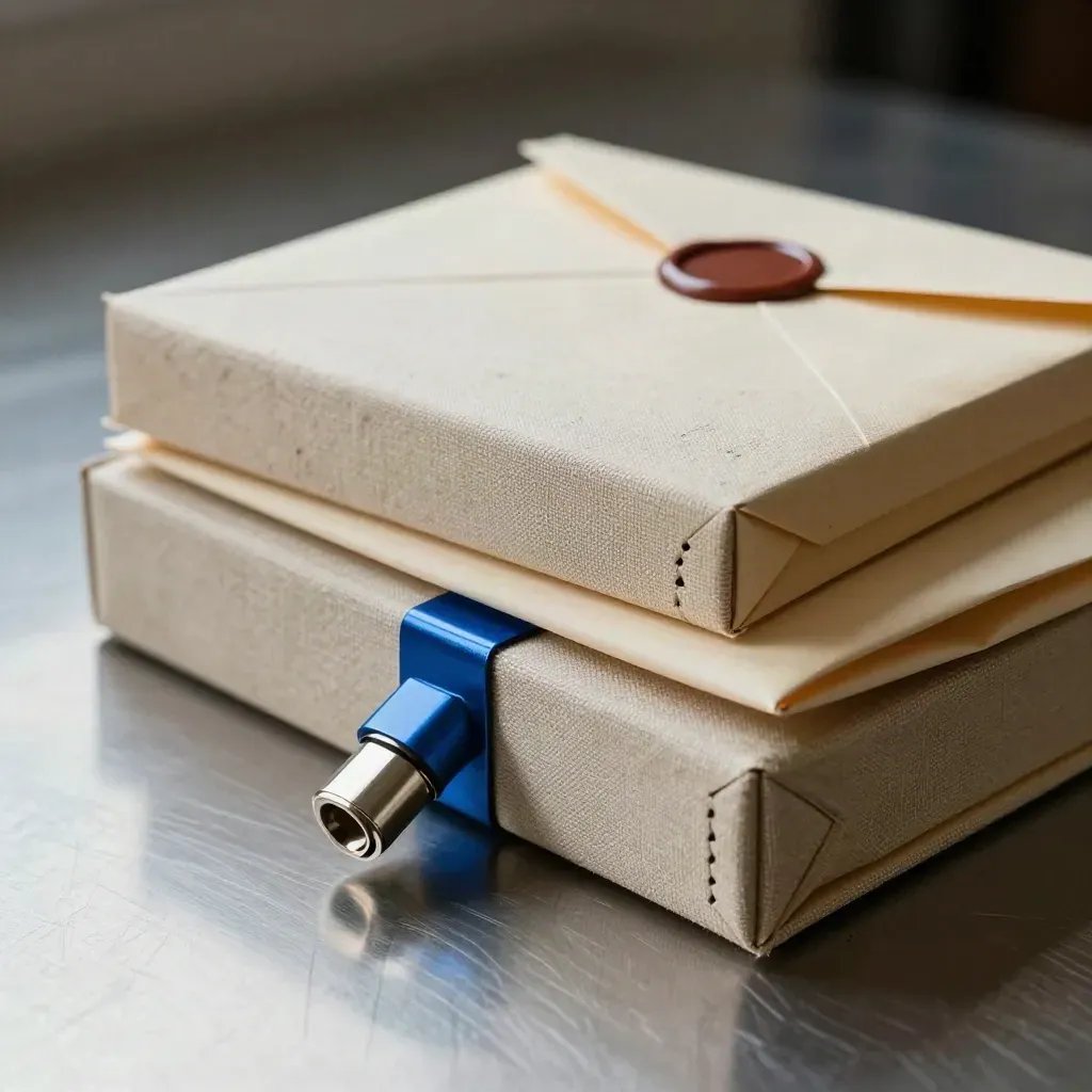 Ledger boxes, connector and sealed packet on brushed steel, lit in a moody close-up.