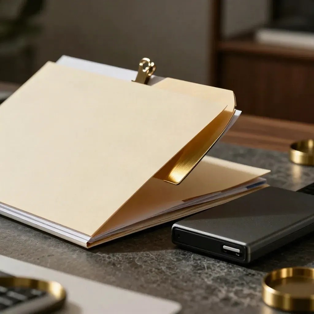 Dark stone still life of folders, brass clip and backup drive with warm studio light.