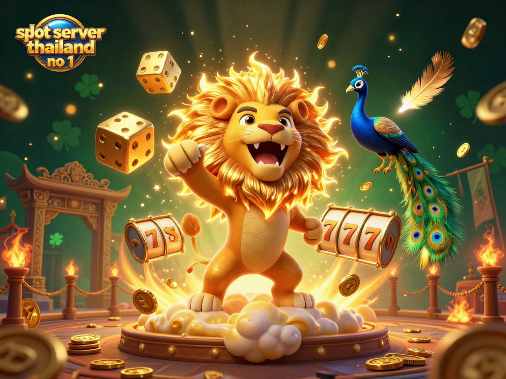 Engage with slot server thailand no 1, a colorful casino scene featuring a lion, golden dice, and vibrant game elements.