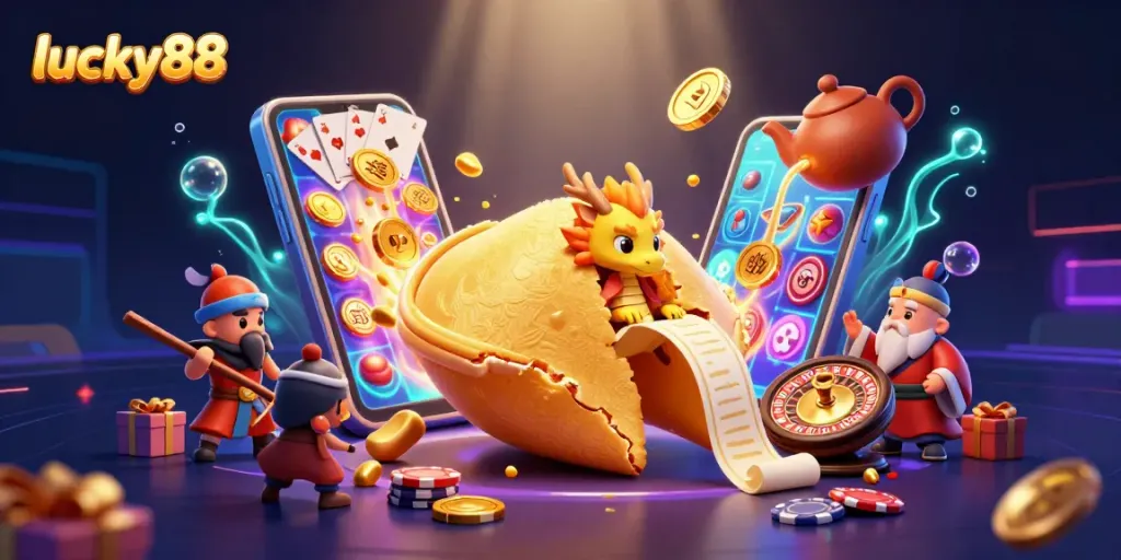 Play lucky88 slots with a vibrant 3D scene filled with fortune-themed elements and dynamic casino graphics.