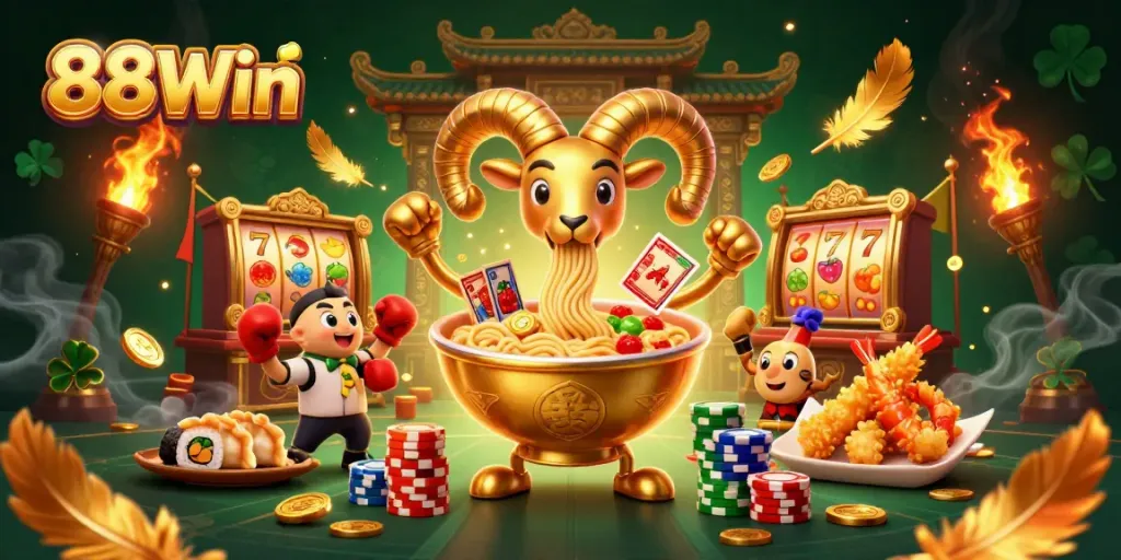 88Win features an exciting golden ramen bowl character amidst colorful casino elements, showcasing slot games and vibrant action.