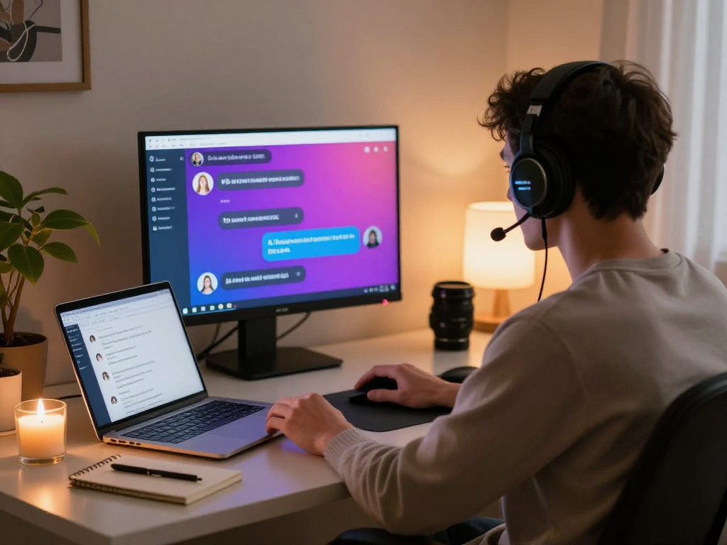 Engaging in AI sex chat at a cozy home office with a warm atmosphere.