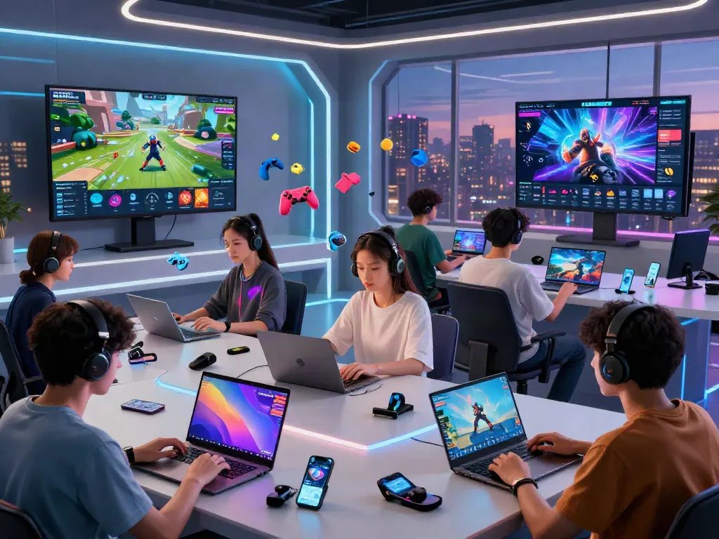 DEBET online gaming platform showcasing diverse players actively engaging with vibrant games in a modern setup.