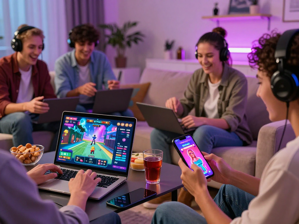Engaged players enjoying various adult games on multiple devices in a vibrant gaming setup.