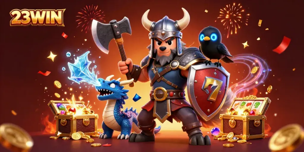 23WIN showcases a thrilling 3D scene with Viking warrior and dragon in vibrant casino settings.