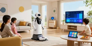 A home robot 2026 assisting with chores in a modern living room while a family observes, showcasing advanced smart home technology and vibrant interior design.