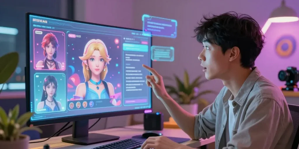 Engaging NSFW AI chat scene showcasing a user interacting with a customizable AI companion in a vibrant virtual environment, highlighting innovative technology.