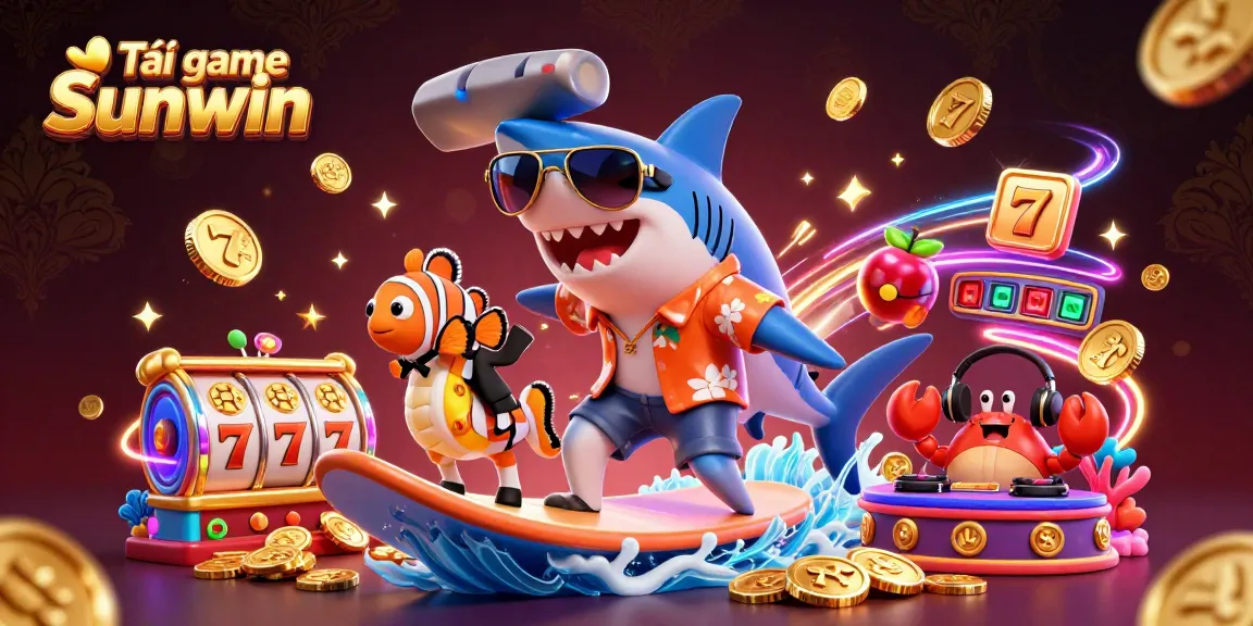 Tải game Sunwin with a 3D cartoon hammer-head shark and friends surrounded by dynamic gambling elements.