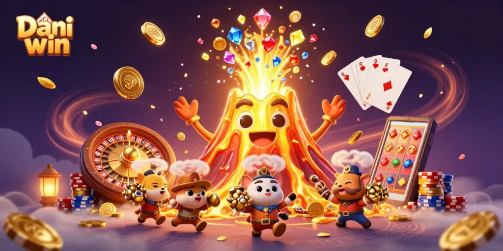Dhani win showcases thrilling gameplay with a golden volcano erupting treasure, captivating gambling elements, and vibrant graphics.