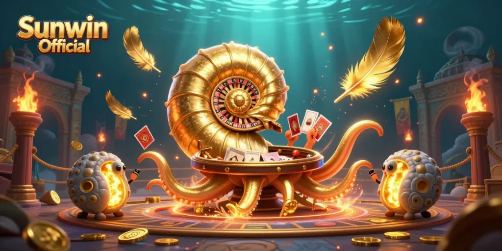 Engage in thrilling gaming adventures with Sunwin Official, featuring nautilus roulette and glowing card hands.