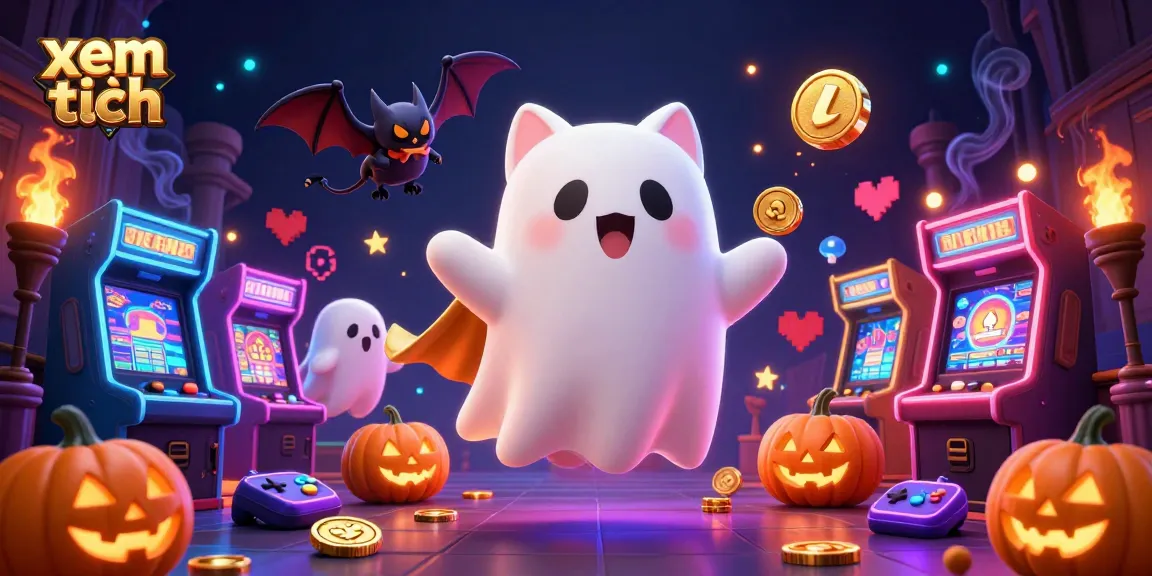 Play games at a vibrant casino with "xem thêm" in action, showcasing a friendly ghost cat and bat.
