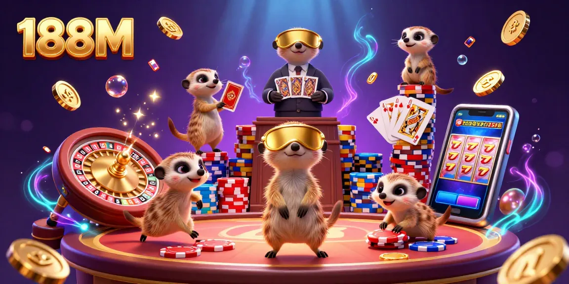 Experience thrilling games at 188M with lively meerkats in a dynamic casino scene featuring dazzling rewards.