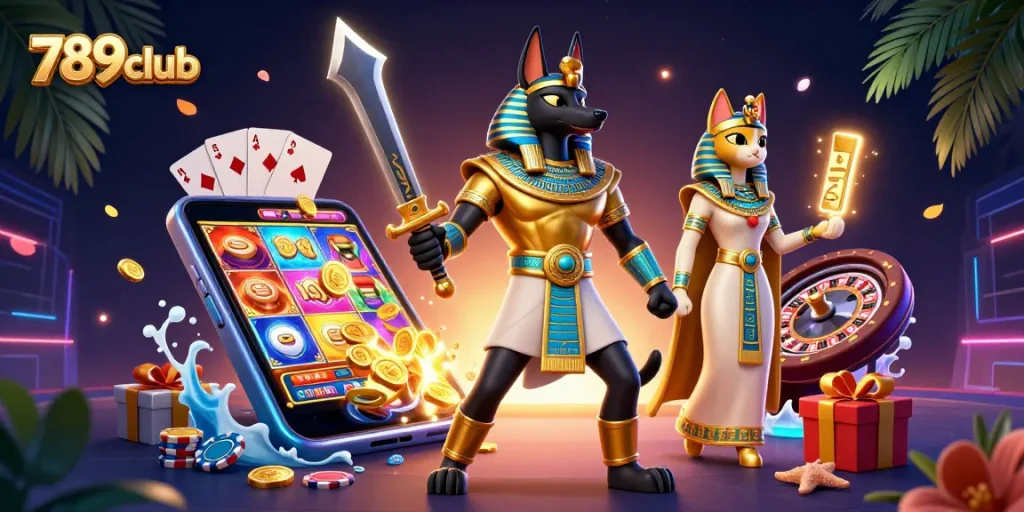 Experience winning big at 789club with vibrant smartphone gaming elements and ancient Egyptian themes.