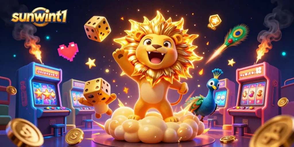 Engage with sunwint1 on a vibrant casino adventure, featuring a roaring sun lion, golden dice, and dynamic slot elements.